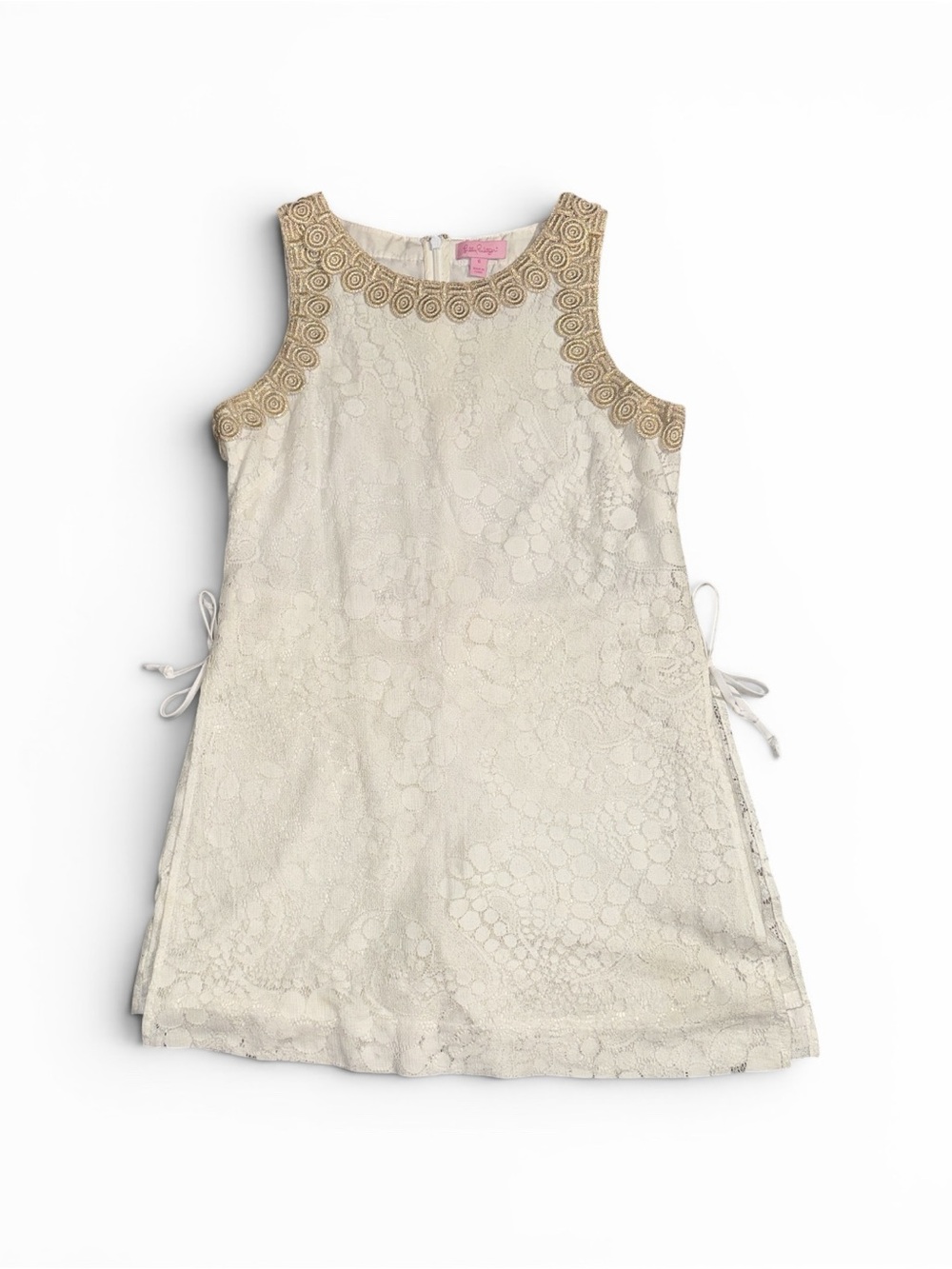 Lilly Pulitzer 6 Donna romper in white lace with gold embroidered trim